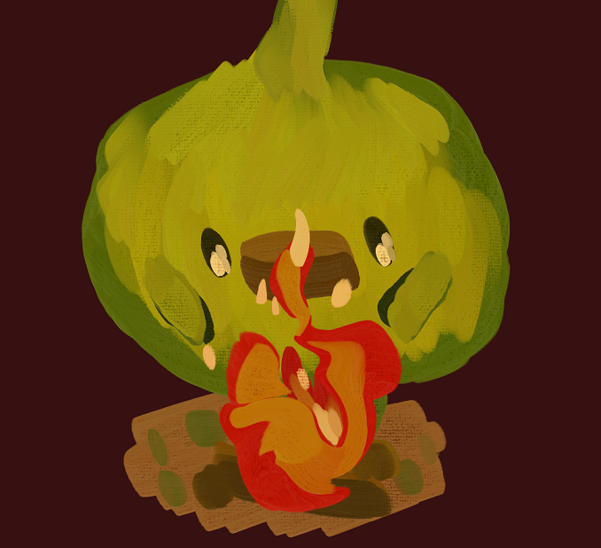 A korpokkur hovers before a small flame, looking enamored.